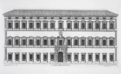 Vista de la fachada del Palacio de Letrán, Roma, encargado por el Papa Sixto V y diseñado por Domenico Fontana en 1589